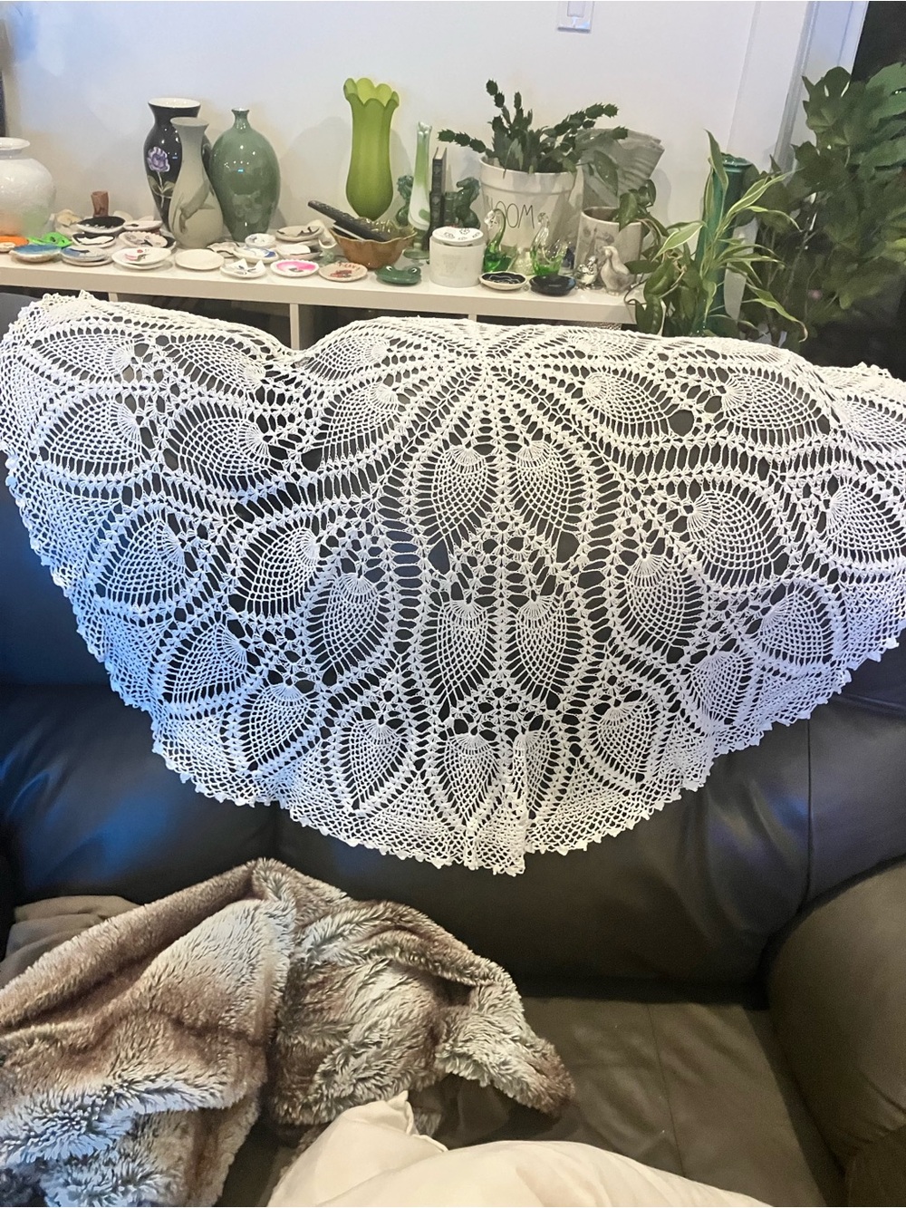 Handmade White Crochet Lace Tablecloth / Draped Doily